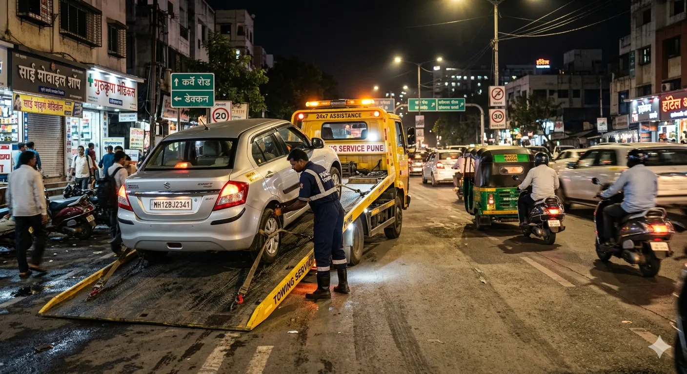 Flatbed tow truck loading a car on roadside in Pune