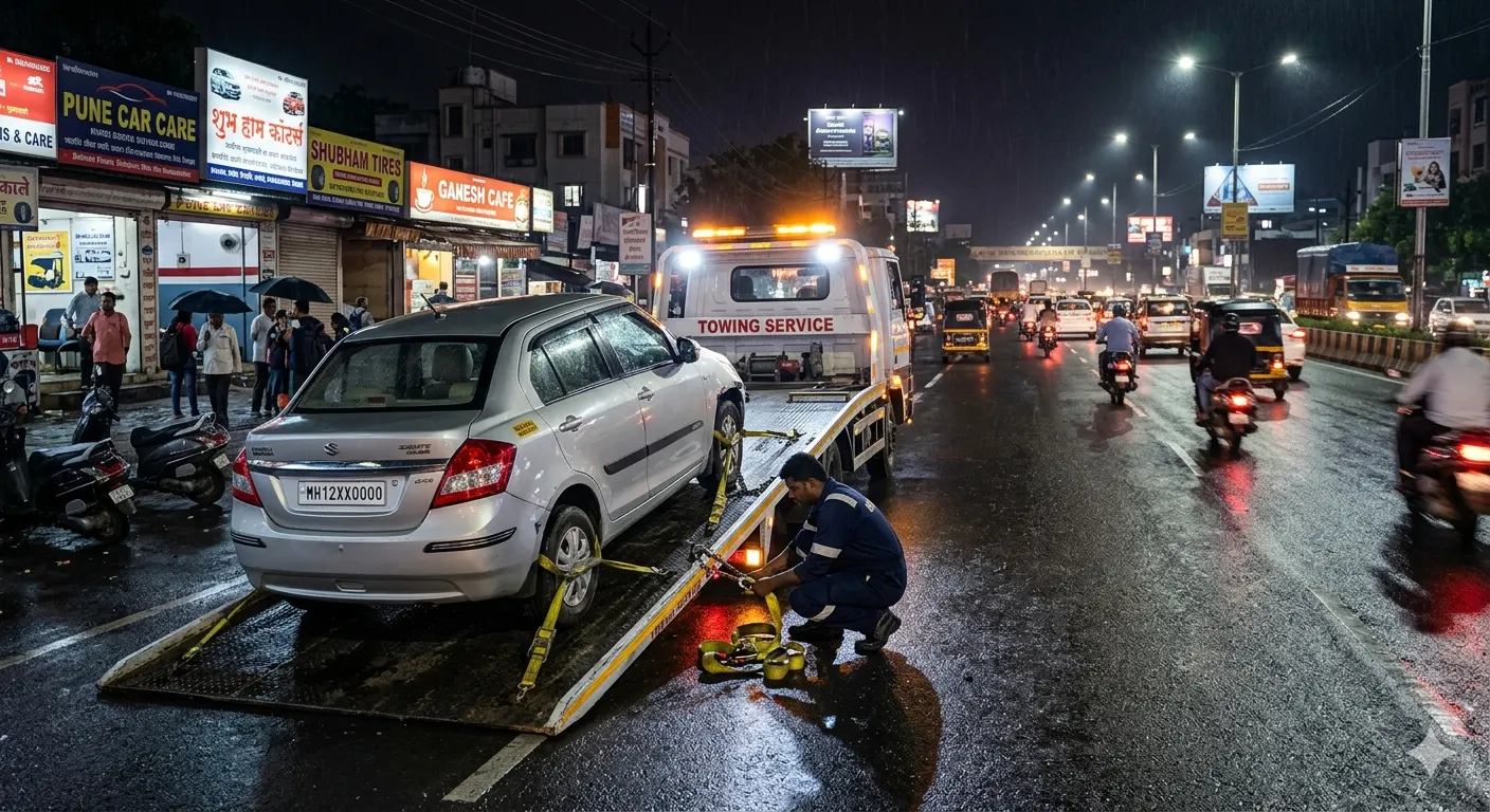 Tow truck assisting a stranded vehicle during an emergency roadside situation