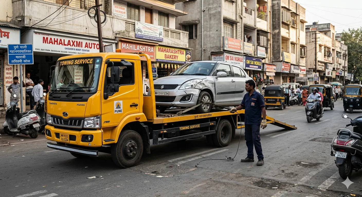 Flatbed tow truck loading a car on roadside in Pune
