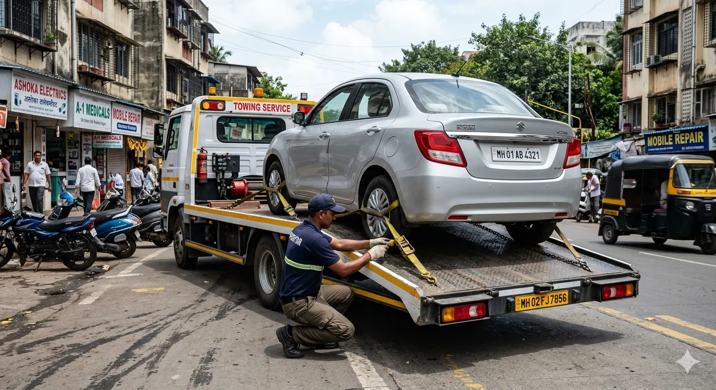 Professional flatbed car towing operation